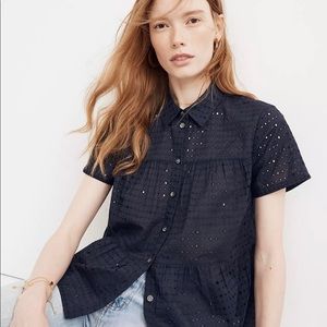 MADEWELL Navy Blue Eyelet Seamed Button-Down Shirt Women’s size Small